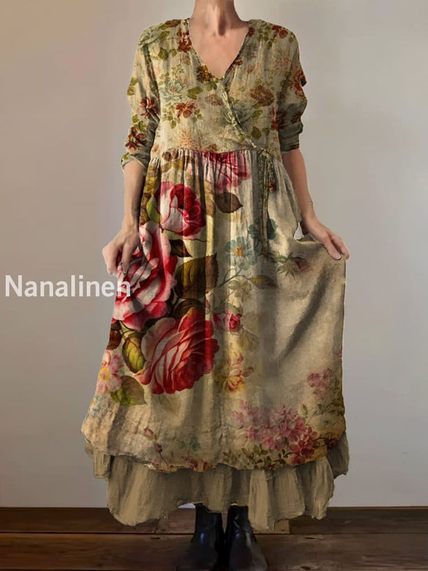 Vintage V-Neck Bohemian Floral Print Elegant Chic Loose Midi Dress A / S