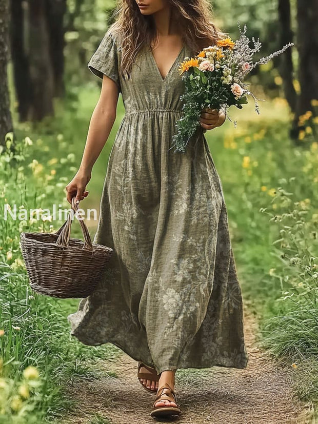 Vintage V-neck Bohemian Floral Print Elegant Chic Loose Midi Dress A / S
