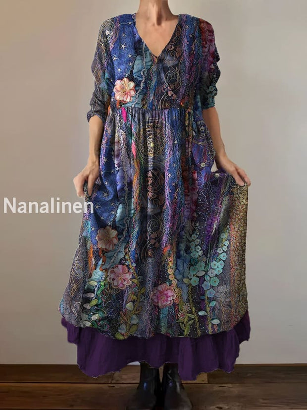 Vintage V-neck Bohemian Floral Print Elegant Chic Loose Midi Dress A / S