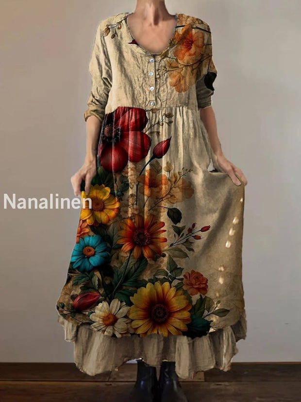 Vintage V-neck Bohemian Floral Print Elegant Chic Loose Midi Dress A / S