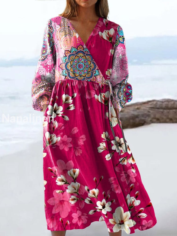 Vintage V-neck Bohemian Floral Print Elegant Chic Loose Midi Dress A / S