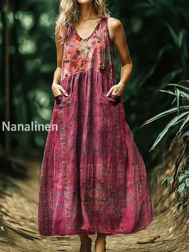 Vintage V-neck Bohemian Floral Print Elegant Chic Loose Midi Dress A / S