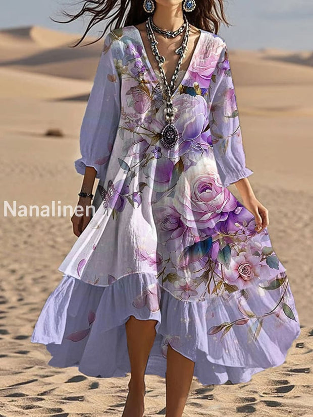 Vintage V-neck Bohemian Floral Print Elegant Chic Loose Midi Dress A / S