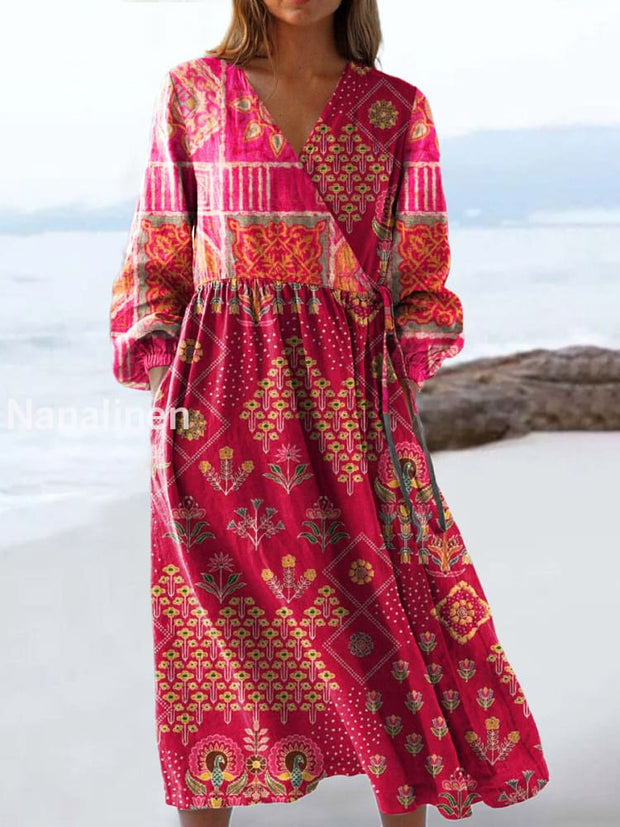 Vintage V-neck Bohemian Floral Print Elegant Chic Loose Midi Dress A / S