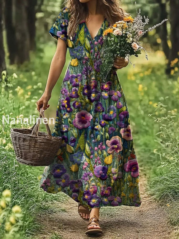 Vintage V-neck Bohemian Floral Print Elegant Chic Loose Midi Dress A / S