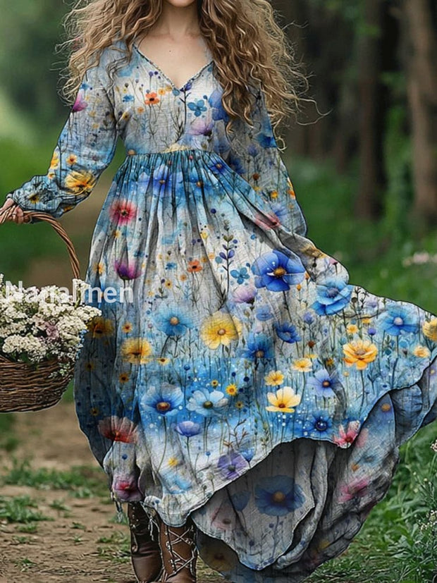 Vintage V-neck Bohemian Floral Print Elegant Chic Loose Midi Dress A / S