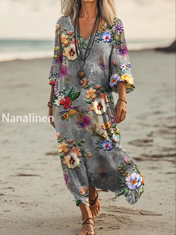 Vintage V-neck Bohemian Floral Print Elegant Chic Loose Midi Dress A / S