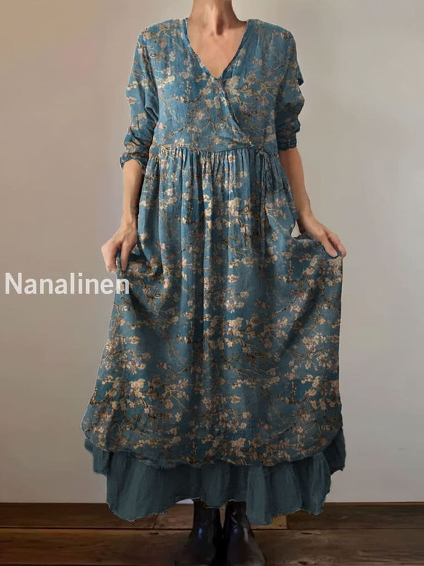 Vintage V-neck Bohemian Floral Print Elegant Chic Loose Midi Dress A / S