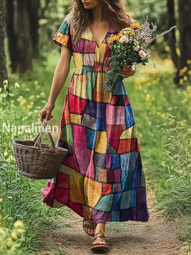 Vintage V-neck Bohemian Floral Print Elegant Chic Loose Midi Dress A / S