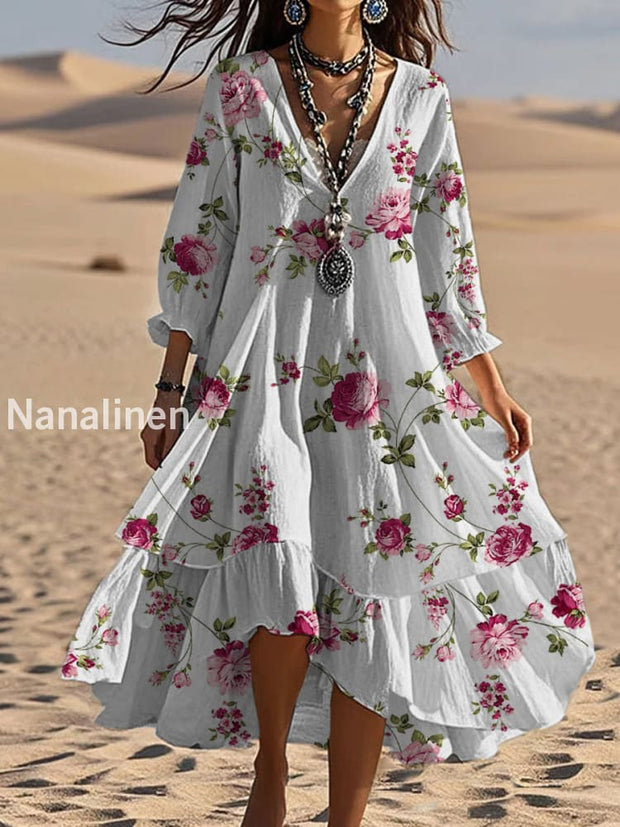 Vintage V-neck Bohemian Floral Print Elegant Chic Loose Midi Dress A / S