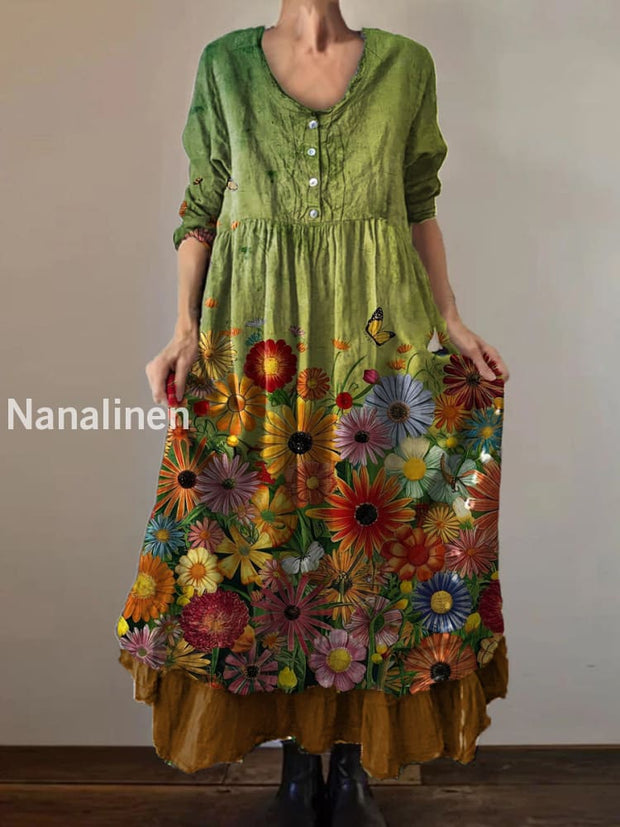 Vintage V-neck Bohemian Floral Print Elegant Chic Loose Midi Dress A / S