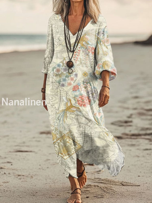 Vintage V-neck Bohemian Floral Print Elegant Chic Loose Midi Dress A / S