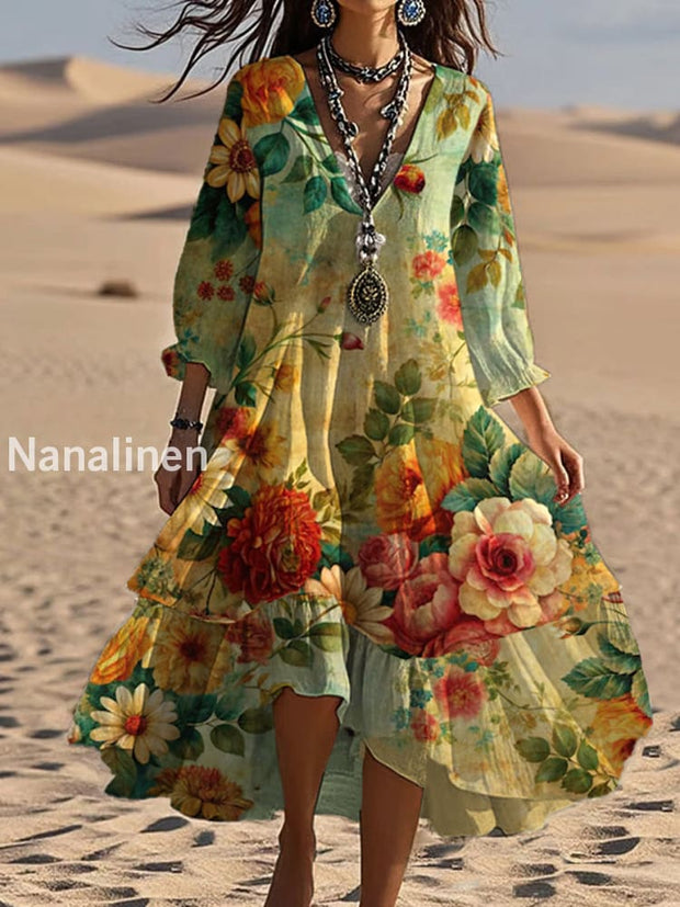 Vintage V-neck Bohemian Floral Print Elegant Chic Loose Midi Dress A / S