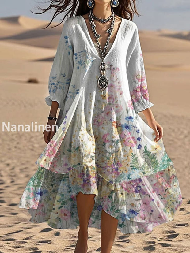 Vintage V-neck Bohemian Floral Print Elegant Chic Loose Midi Dress A / S