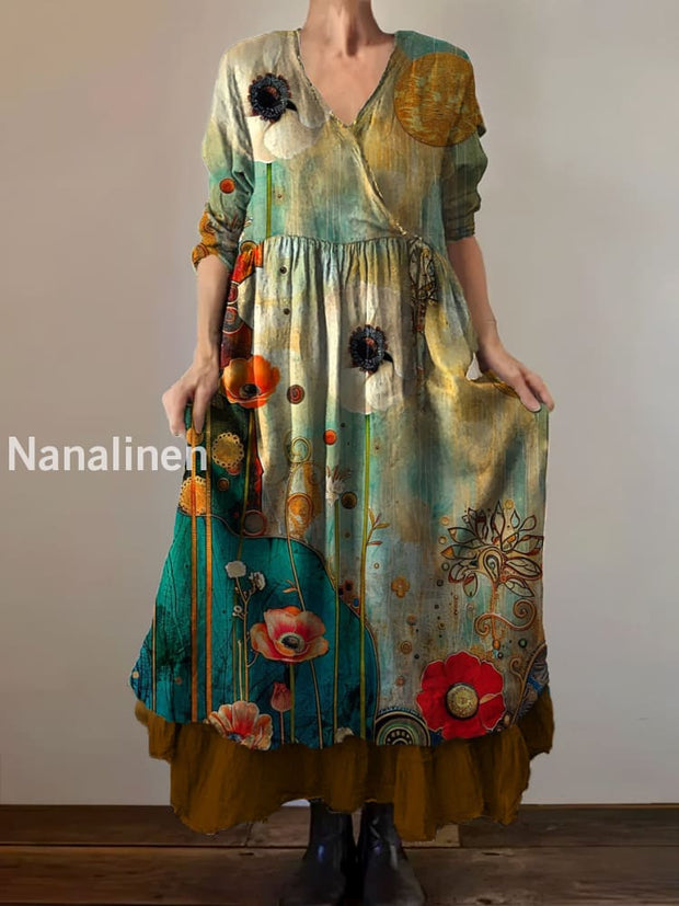 Vintage V-neck Bohemian Floral Print Elegant Chic Loose Midi Dress A / S