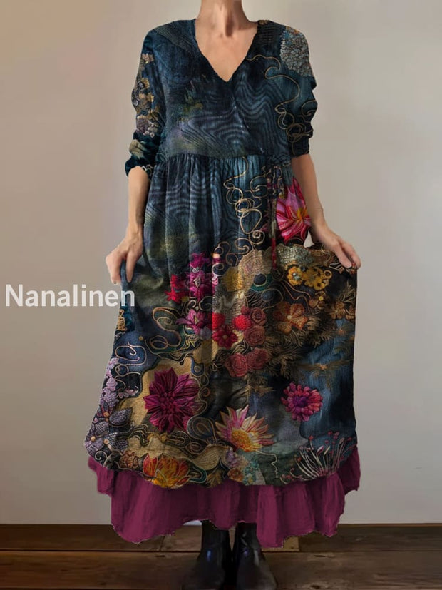 Vintage V-neck Bohemian Floral Print Elegant Chic Loose Midi Dress A / S