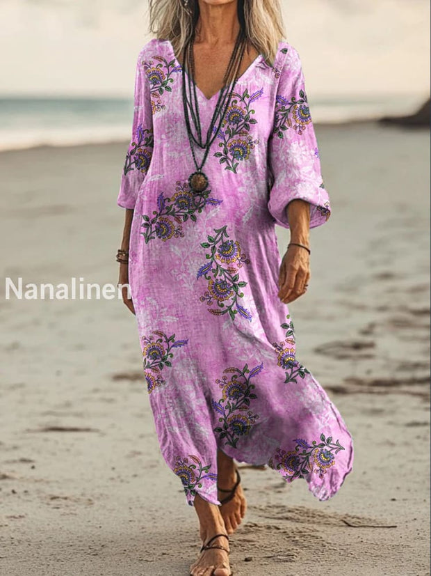 Vintage V-neck Bohemian Floral Print Elegant Chic Loose Midi Dress A / S