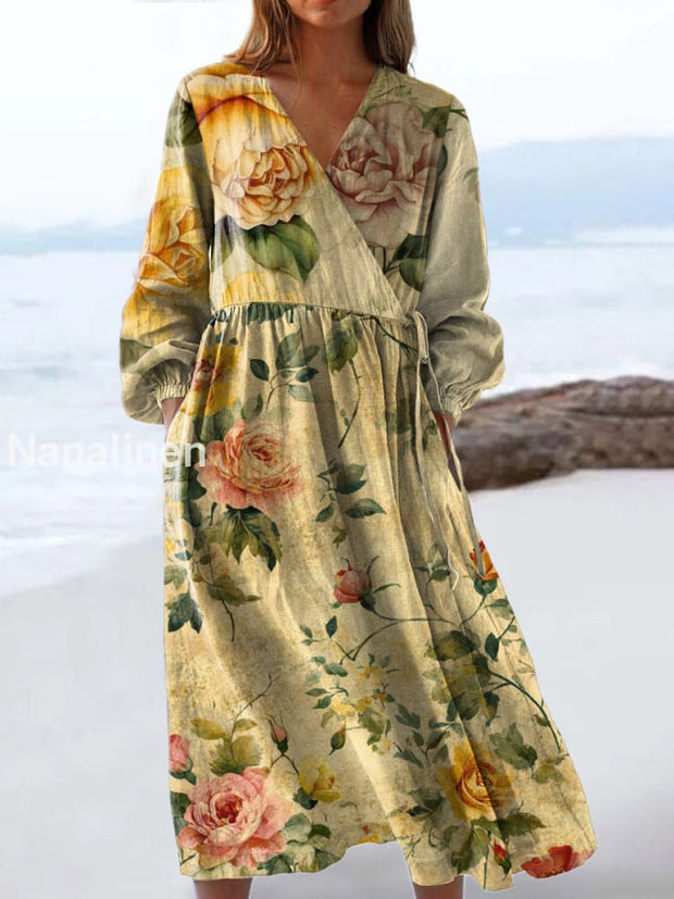 Vintage V-neck Bohemian Floral Print Elegant Chic Loose Midi Dress A / S