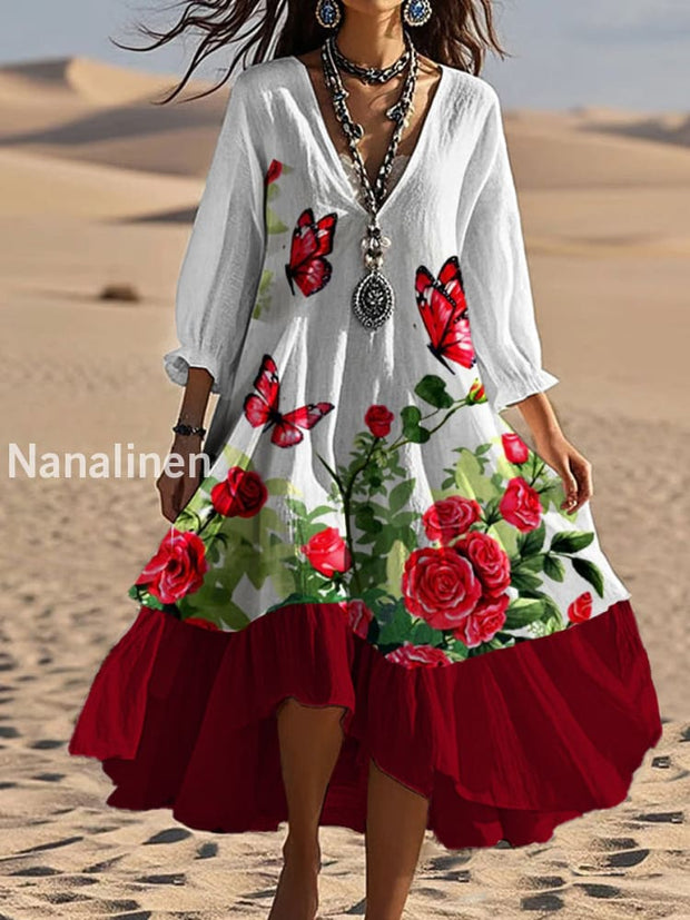 Vintage V-neck Bohemian Floral Print Elegant Chic Loose Midi Dress A / S