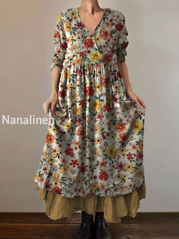 Vintage V-neck Bohemian Floral Print Elegant Chic Loose Midi Dress A / S