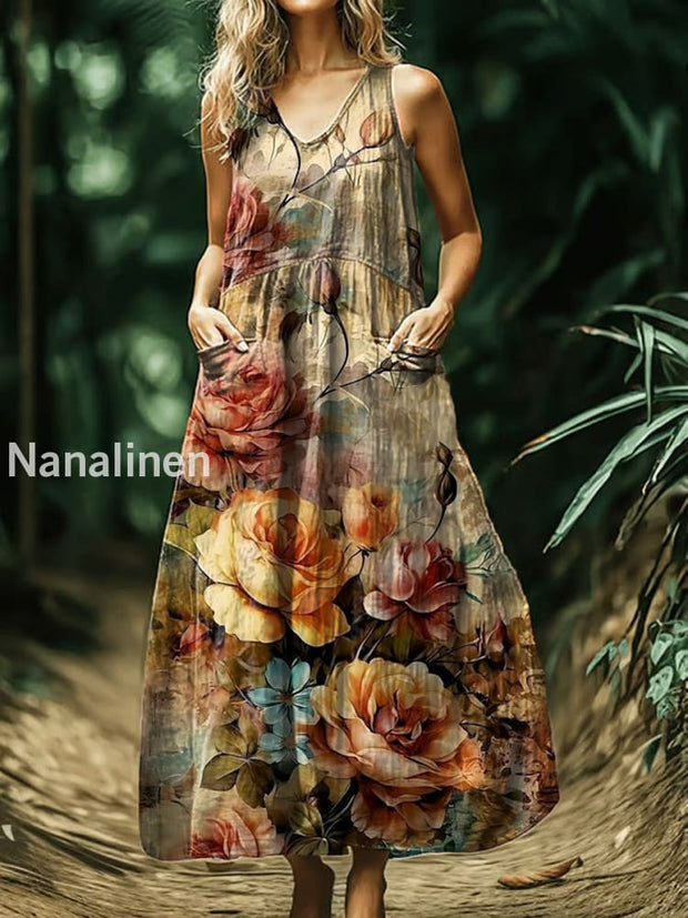 Vintage V-neck Bohemian Floral Print Elegant Chic Loose Midi Dress A / S