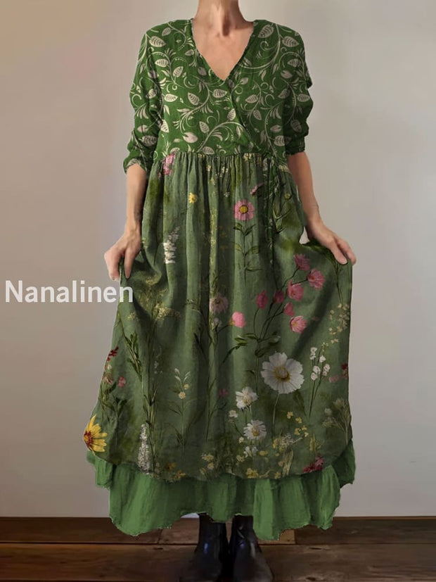 Vintage V-neck Bohemian Floral Print Elegant Chic Loose Midi Dress A / S