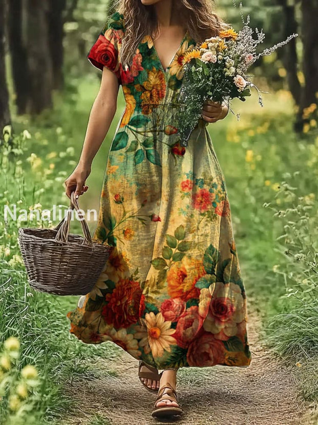 Vintage V-neck Bohemian Floral Print Elegant Chic Loose Midi Dress A / S