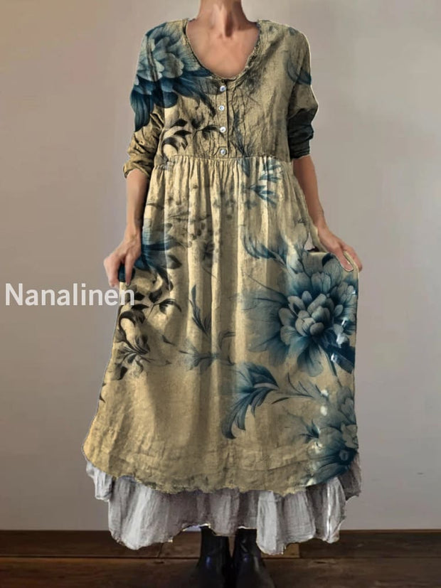 Vintage V-neck Bohemian Floral Print Elegant Chic Loose Midi Dress A / S