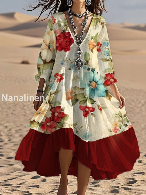 Vintage V-neck Bohemian Floral Print Elegant Chic Loose Midi Dress A / S