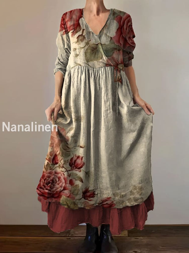 Vintage V-neck Bohemian Floral Print Elegant Chic Loose Midi Dress A / S