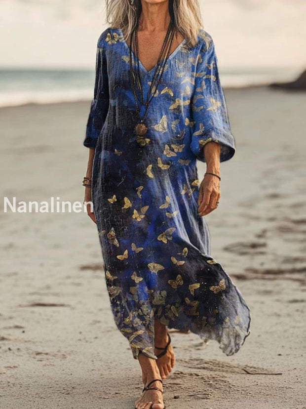 Vintage V-neck Bohemian Floral Print Elegant Chic Loose Midi Dress A / S