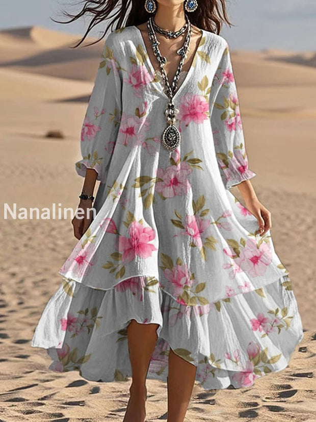 Vintage V-neck Bohemian Floral Print Elegant Chic Loose Midi Dress A / S