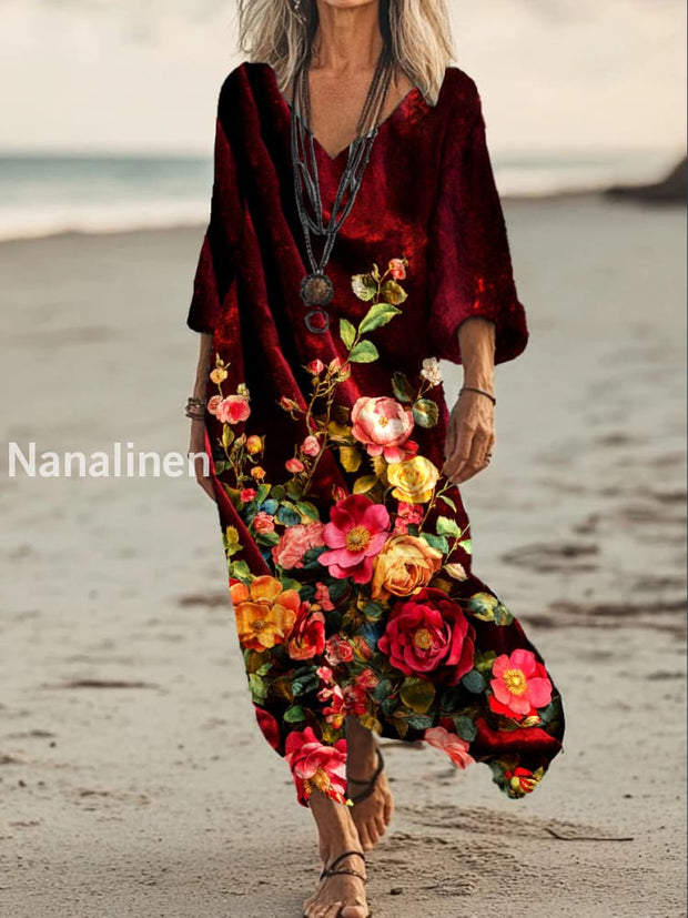 Vintage V-neck Bohemian Floral Print Elegant Chic Loose Midi Dress A / S