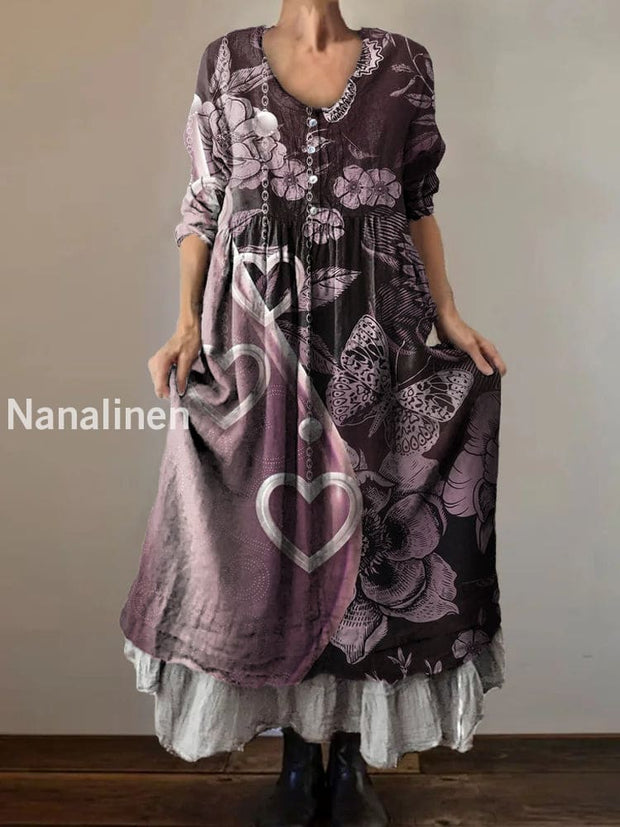 Vintage V-neck Bohemian Floral Print Elegant Chic Loose Midi Dress A / S