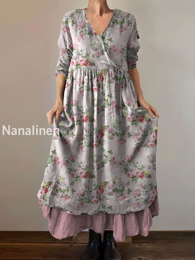 Vintage V-neck Bohemian Floral Print Elegant Chic Loose Midi Dress A / S