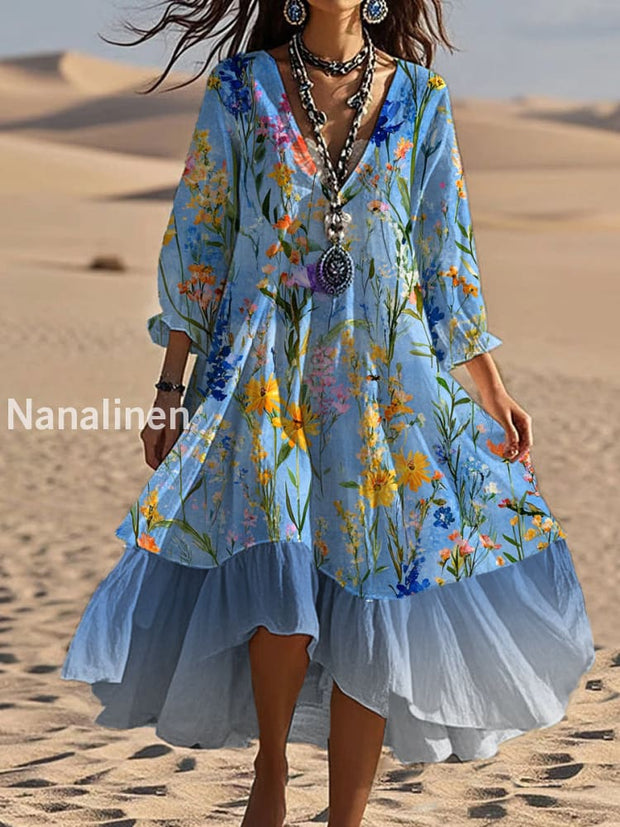 Vintage V-neck Bohemian Floral Print Elegant Chic Loose Midi Dress A / S