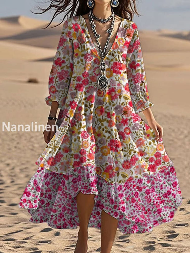 Vintage V-neck Bohemian Floral Print Elegant Chic Loose Midi Dress A / S