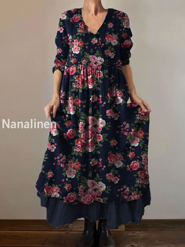 Vintage V-neck Bohemian Floral Print Elegant Chic Loose Midi Dress A / S