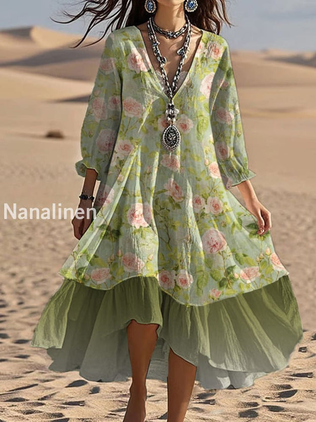 Vintage V-neck Bohemian Floral Print Elegant Chic Loose Midi Dress A / S