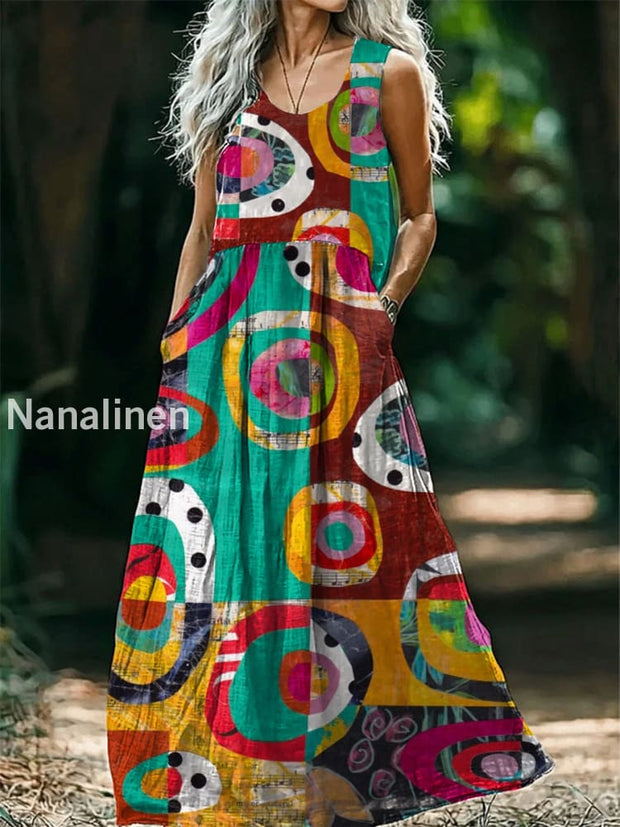 Vintage V-neck Bohemian Geometric art Print Elegant Chic Loose Midi Dress A / S