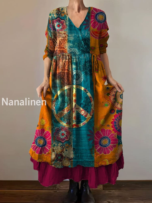 Vintage V-neck Bohemian Hippie Print Elegant Chic Loose Midi Dress A / S