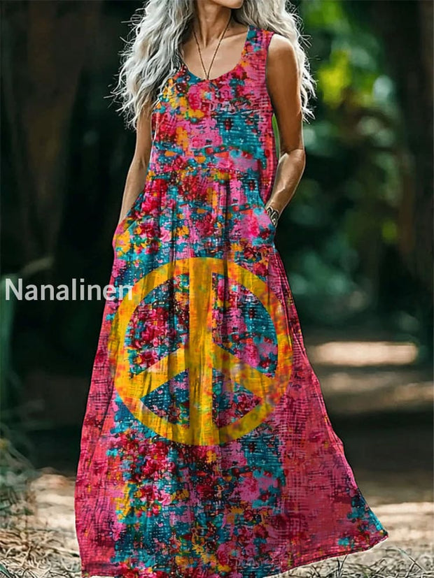 Vintage V-neck Bohemian Hippie Print Elegant Chic Loose Midi Dress A / S