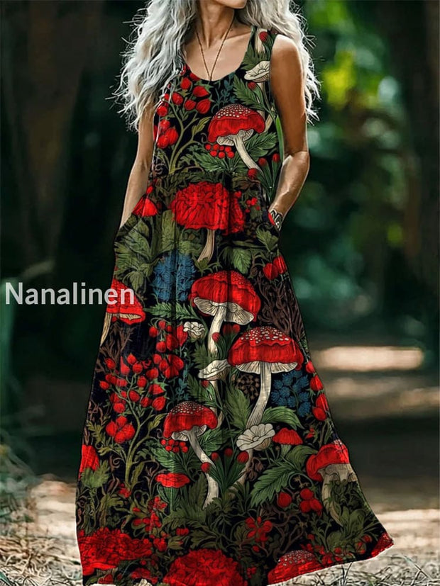 Vintage V-neck Bohemian Mushroom Floral Print Elegant Chic Loose Midi Dress A / S