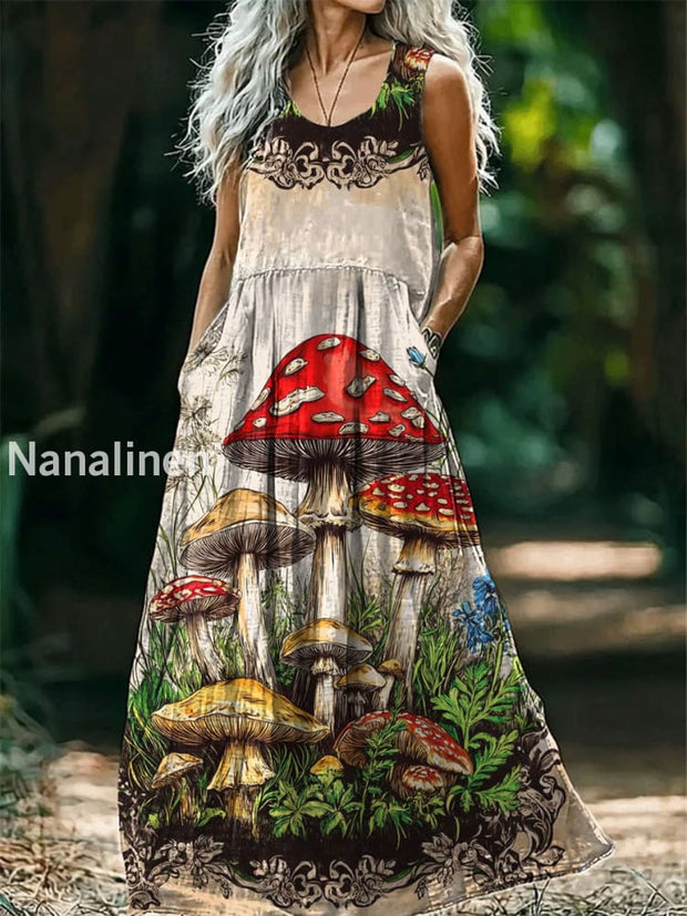 Vintage V-neck Bohemian Mushroom Floral Print Elegant Chic Loose Midi Dress A / S