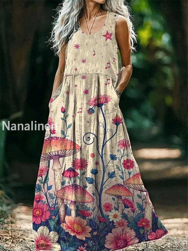 Vintage V-neck Bohemian Mushroom Floral Print Elegant Chic Loose Midi Dress A / S