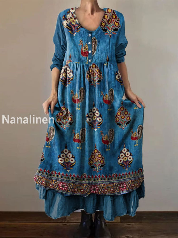 Vintage V-neck Boho Classic Print Elegant Chic Loose Midi Dress Blue / S