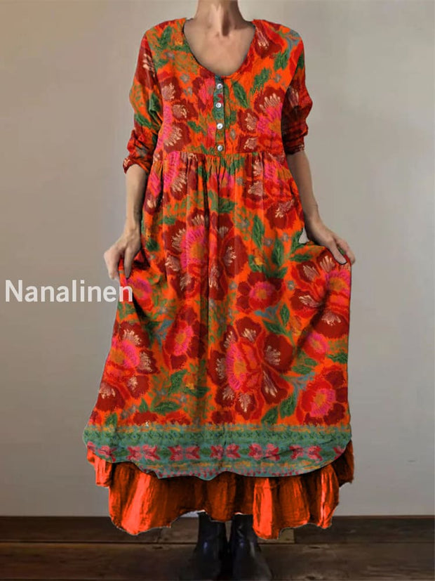 Vintage V-neck Boho Flowers Print Elegant Chic Loose Midi Dress Red / S