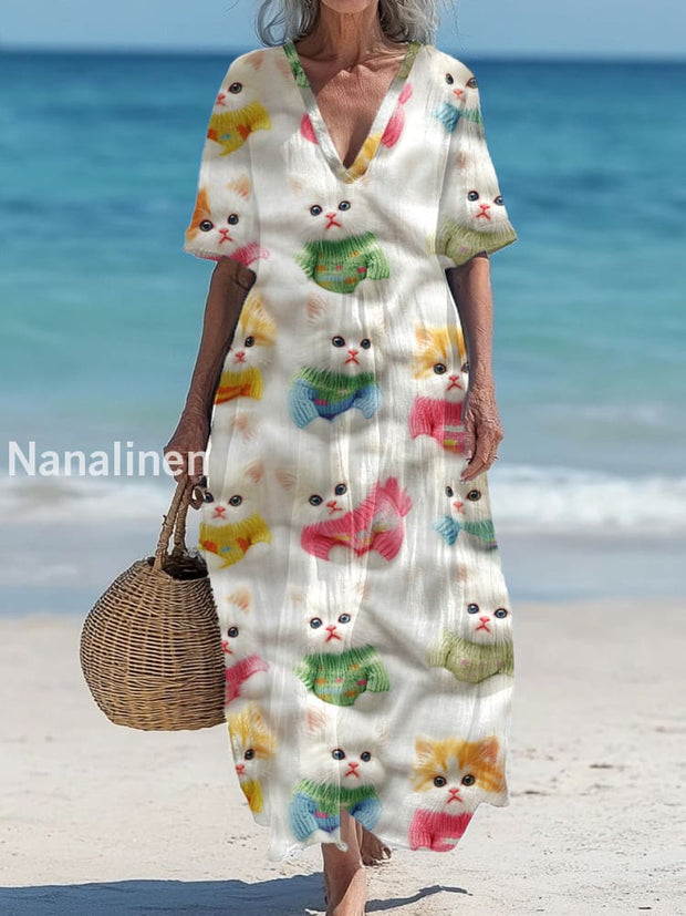 Vintage V-Neck Cat Art Print Elegant And Chic Loose Midi Dress A / S