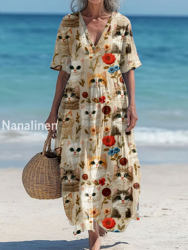 Vintage V-Neck Cat Art Print Elegant And Chic Loose Midi Dress A / S