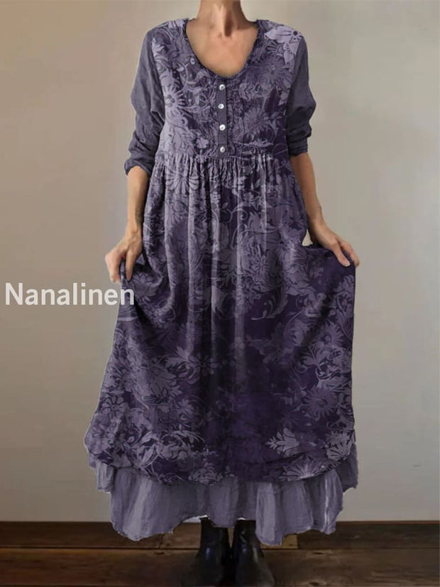 Vintage V-neck Classic Floral Print Elegant Chic Loose Midi Dress Colorful / S